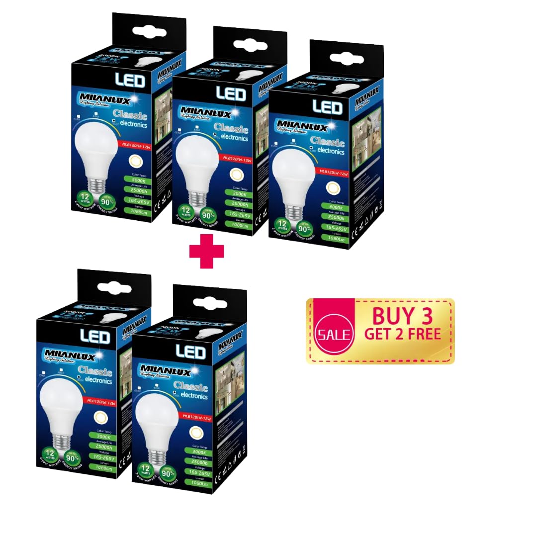 MilanluxLED Bulb, Non-Dimmable, 1080 Lumen, Warm White (3000), 12W = 75W, E27 Base, BUY 3 GET 2 FREE