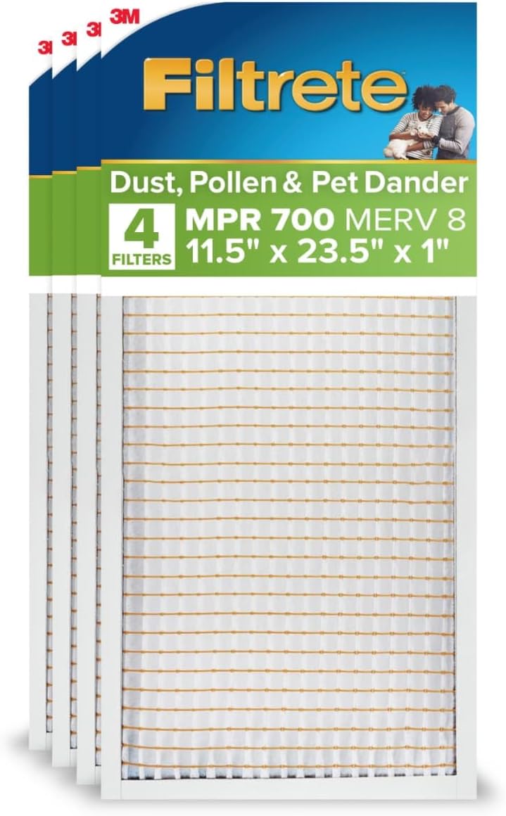 Filtrete 11.5x23.5x1 AC Furnace Air Filter, MERV 8, MPR 700, Tough on Pollen, Easy on Airflow, 3-Month Pleated 1-Inch Electrostatic Air Cleaning Filter, 4-Pack (Actual Size 11.19 x 23.19 x 0.81 in)