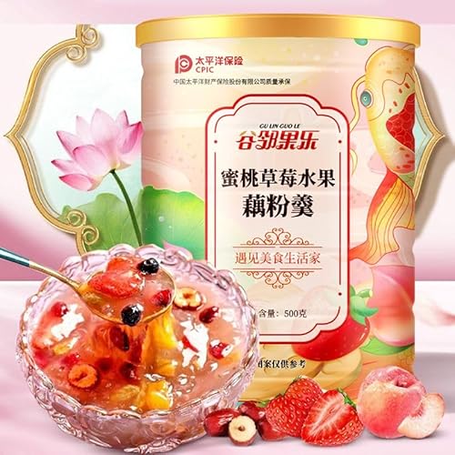 ?食代餐、免煮蜜桃草莓水果藕粉、 藕粉羹早餐桃・いちご・フルーツれんこんでん粉 軽食置き換え養代食粉、栄養朝食、健康緑色穀物、泡を入れて即食、インスタント泡を入れて満腹代食粥 (2缶)