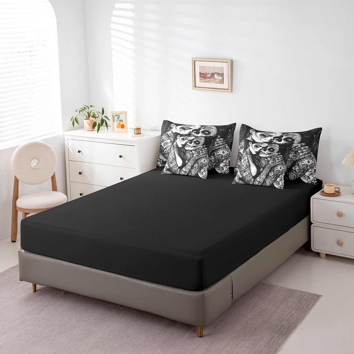 Erosebridal Boho Skull Couple Bedding Set for Kids Teen Adults,Sugar Skull Queen Comforter Set 7 Piece Exotic Skeleton Lovers Bed in A Bag Gothic Black White Bed Set Room Decor