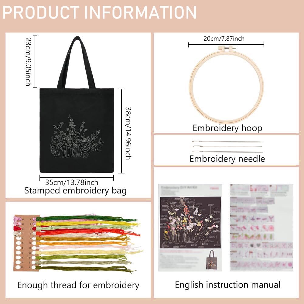 Wjelet Embroidery Bag, Canvas Tote Bag Embroidery Kit with Floral Pattern - Image 2