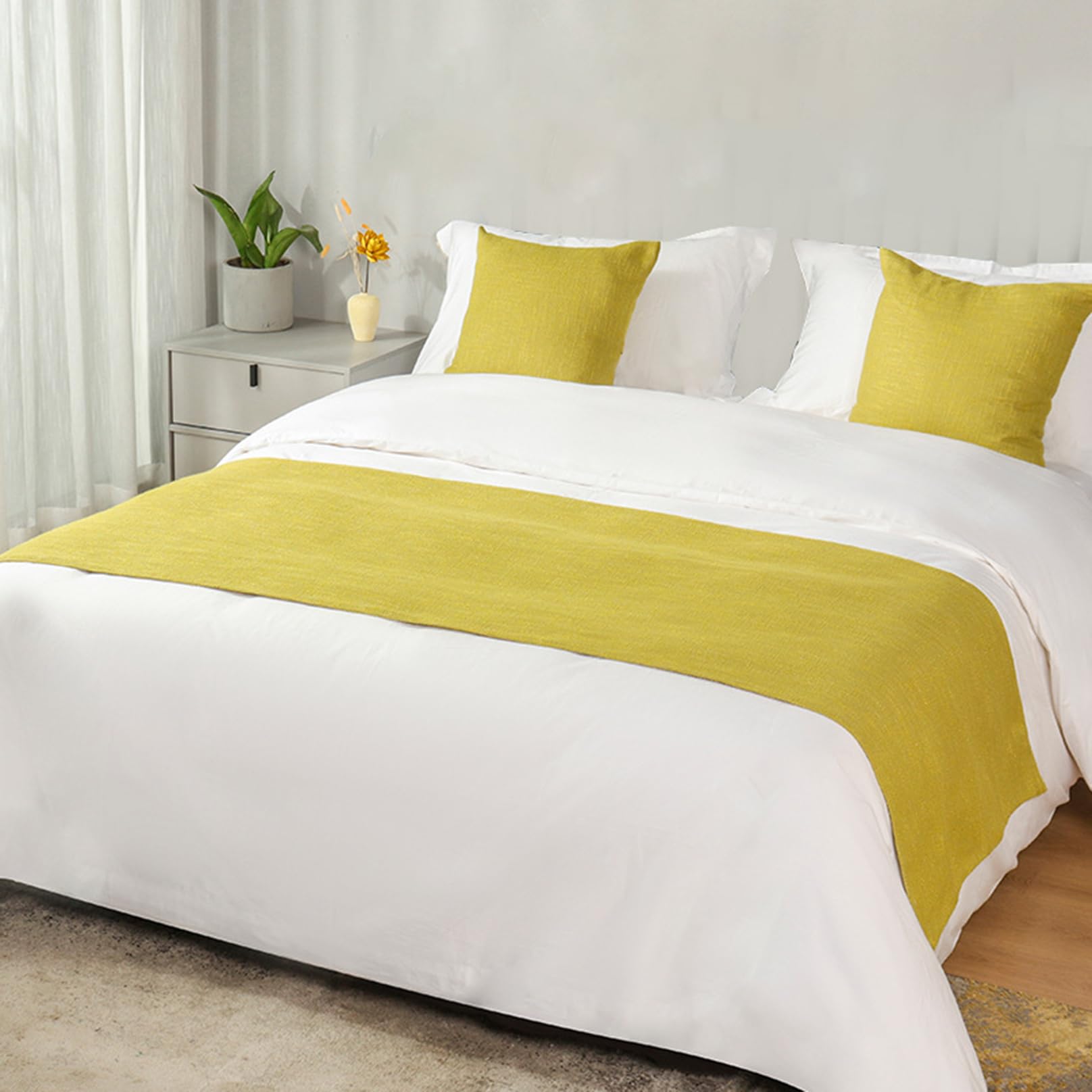 LEEMQCYA Simple Bed Runner Yellow Linen Bed Scarves No Fading Coverlets Hotel Bedspread Bedding Protection Cover Bed End Towel and Matching Cushion Cover, 50x200cm for 1.2m bed — image 1