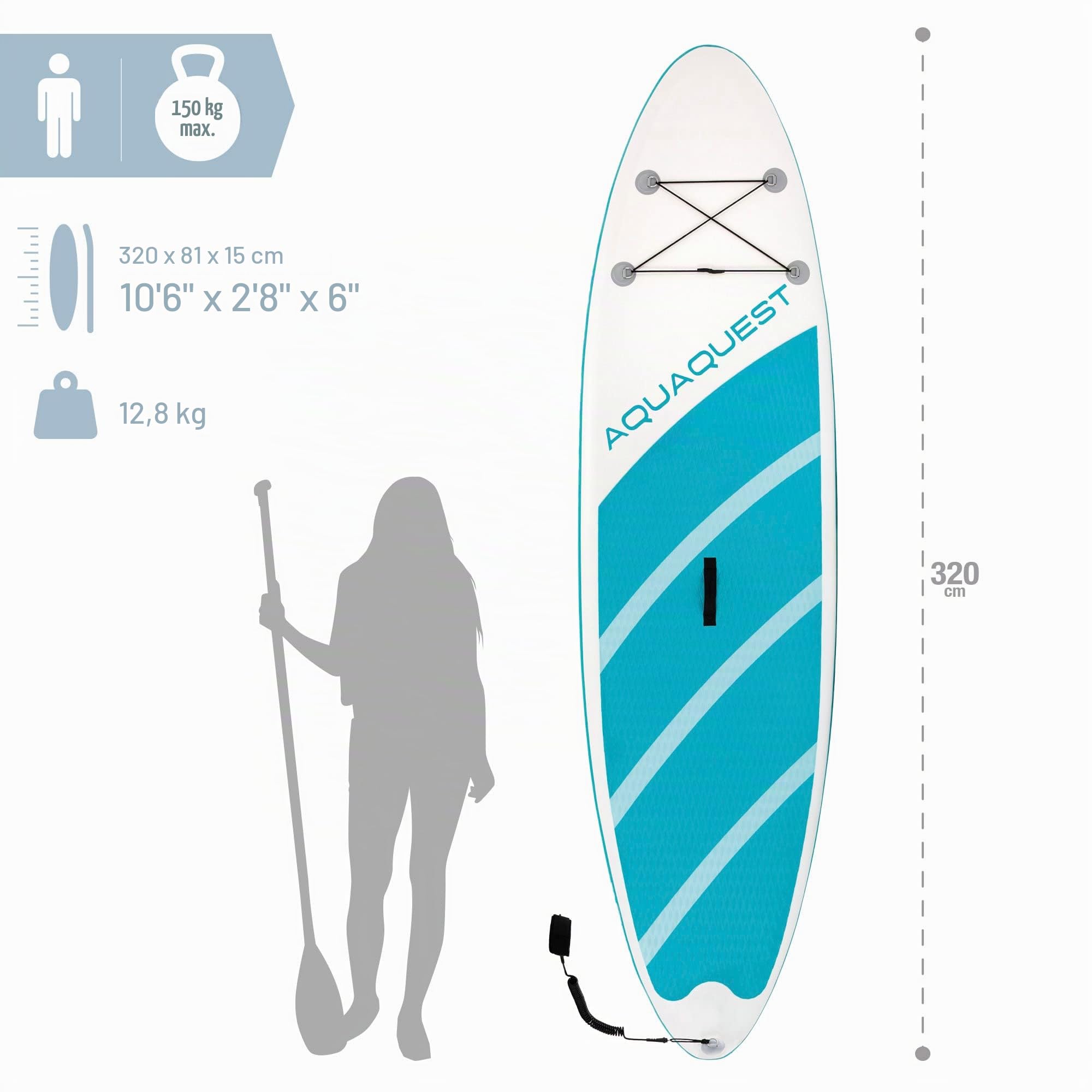 INTEX "Aqua Quest" SUP Board max. 150 kg aufblasbares Stand up Paddel Board 320x81x15 cm Paddling Board inkl. Luftpumpe & Tragetasche (68242NP)