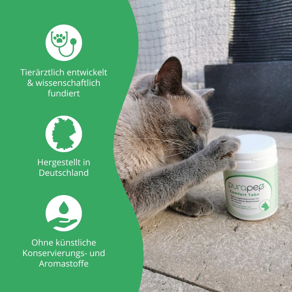 Comfort Katzen Tabs – Natürliches Beruhigungsmittel mit Tryptophan, Calcium & B Vitaminen – bei Stress, Angst & Silvester. Für entspannte Katzen in jeder Situation. Lecker + wirksam |240 Tabs