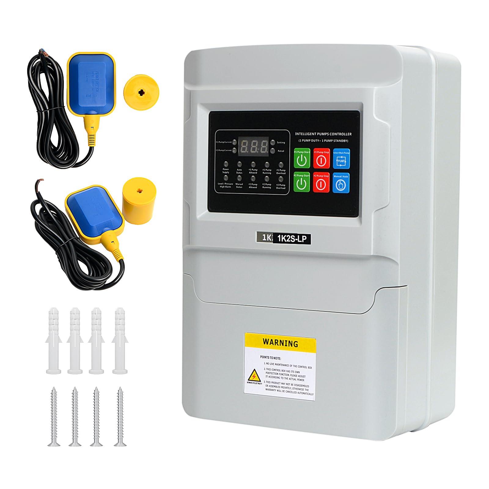 0.74-1.48 HP, 110VAC Pump Control Box, LED Digital Display Dual Pump Operation Pump Controller, Automatic/Manual Control, Well Pump Control Box for Deep Well Submersible Pump with 2Pcs Float Switch