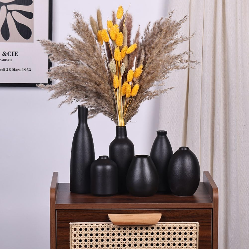 6 Pack Small Black Ceramic Bud Vases for Home Decor - Modern Boho Small Vases for Centerpieces in Bulk, Mini Flower Vases for Dry Flowers, Wedding, Table, and Party Decorations