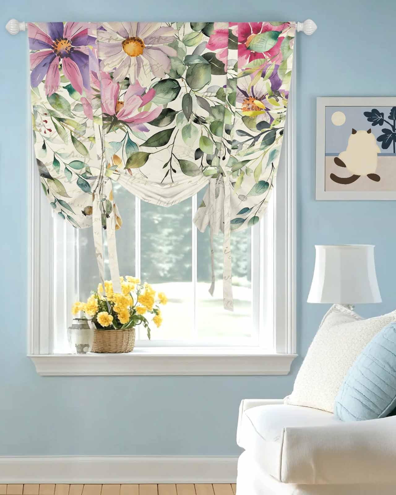 Tie Up Curtains for Windows Retro Summer Flower Eucalyptus Leaves Rod Pocket Tie-Up Window Shade Adjustable Balloon Curtain Valance Floral on Paper for Bedroom Kitchen Bathroom Blinds,52x45in