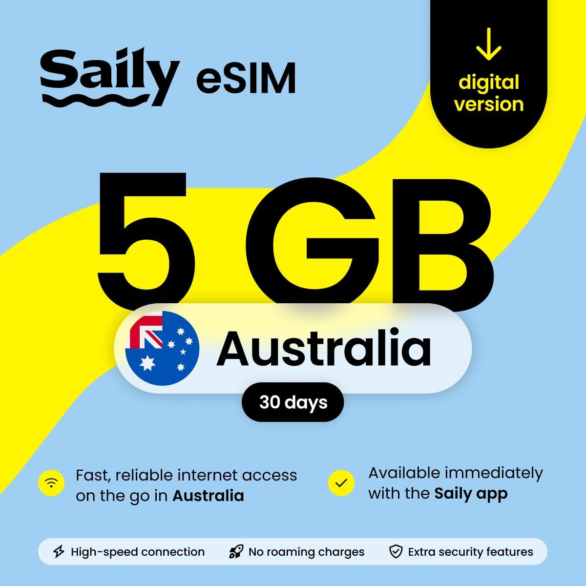 Saily, eSIM Data Plan for Australia, 5GB/30 Days, Security Features, Digital Code