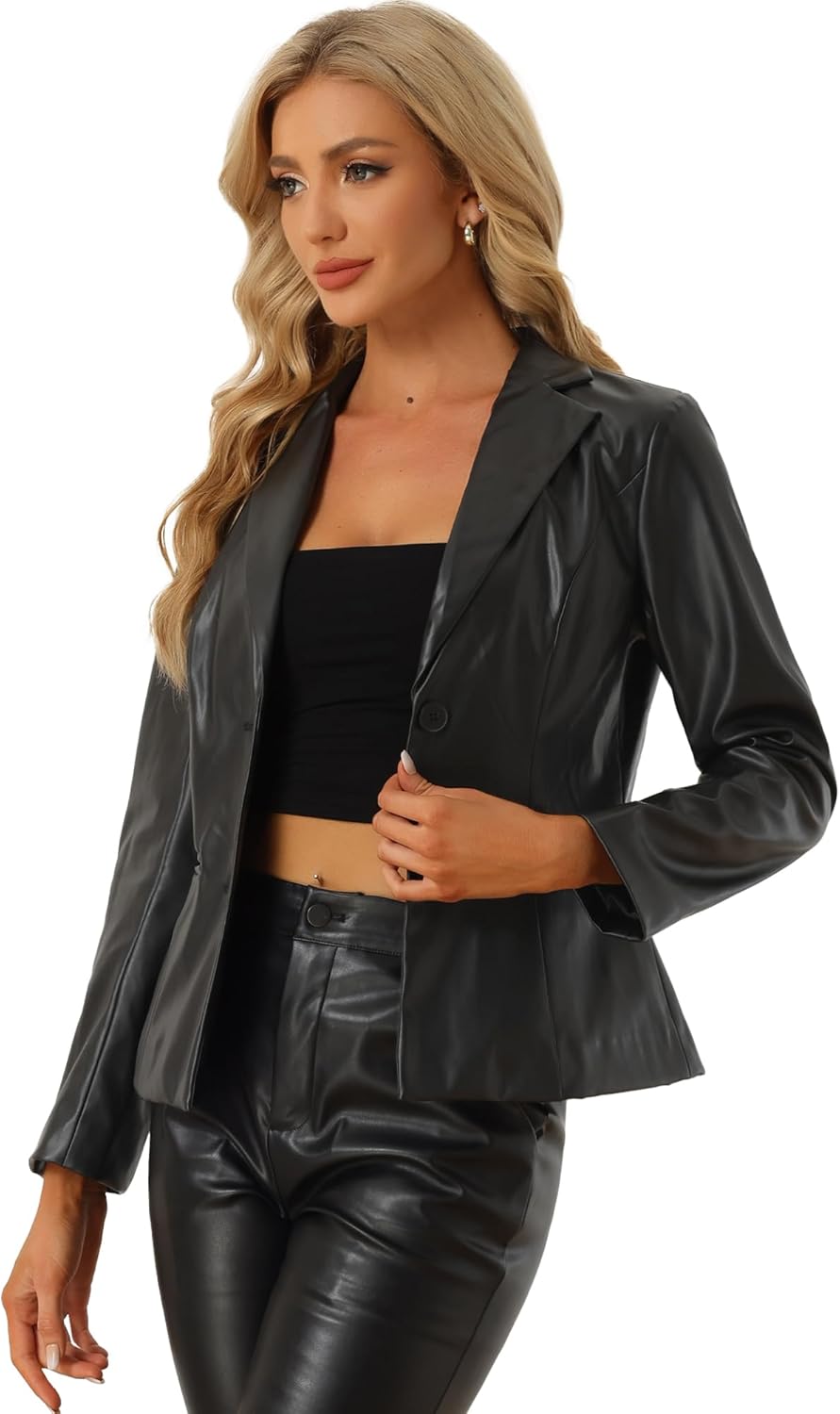 Allegra K Women's Faux Leather Blazer Slim Fit Casual Office Button Down Long Sleeve Jacket - Image 3