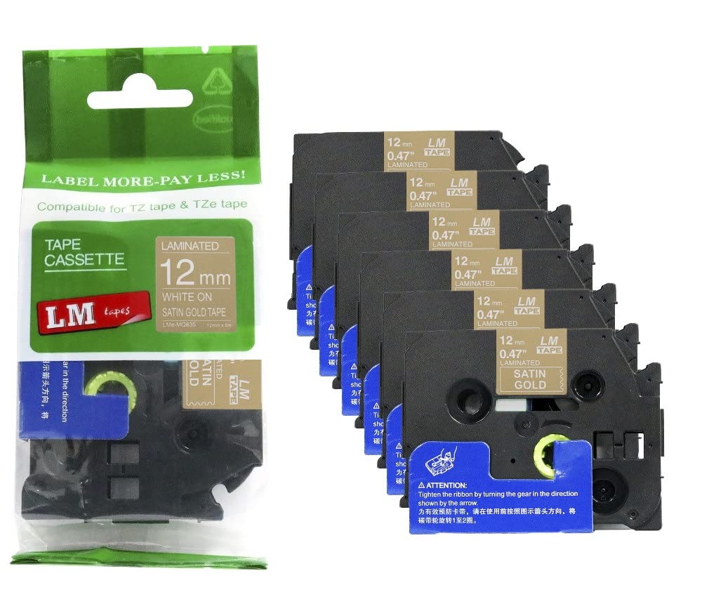 6/Pack LM Tapes - LMe-MQ835 Premium 1/2" White Print on Satin Gold Label Compatible with Ptouch TZe-MQ835 Tape TZMQ835 and Includes a Nice Tape Color/