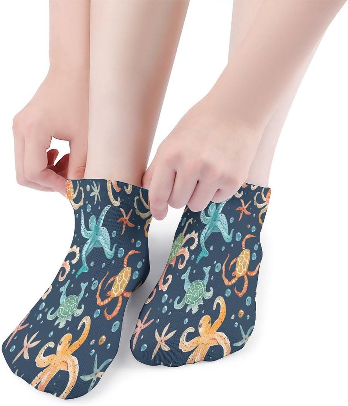 Turtle Octopus Pattern Ocean Theme Ankle Socks for Men Women 5 Pairs