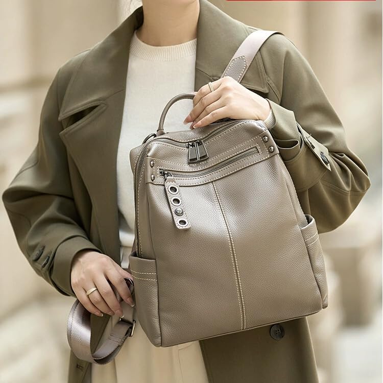 Genuine Leather Backpack Purse For Women Grey Real Soft Leather Travel Fashion Designer Convertible Ladies Shoulder Bag - Image 2