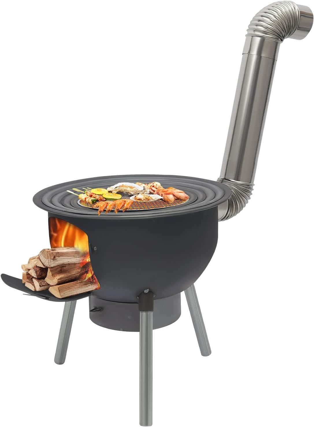 Wood Burning Stove, Multifunction Wood Burning Stove with Grill Rack Portable Steel Tent Stoves with Detachable Legs & Chimney Pipes for Backyard,Tent,Camping (20.5" Diameter with 4 Wok Rings)