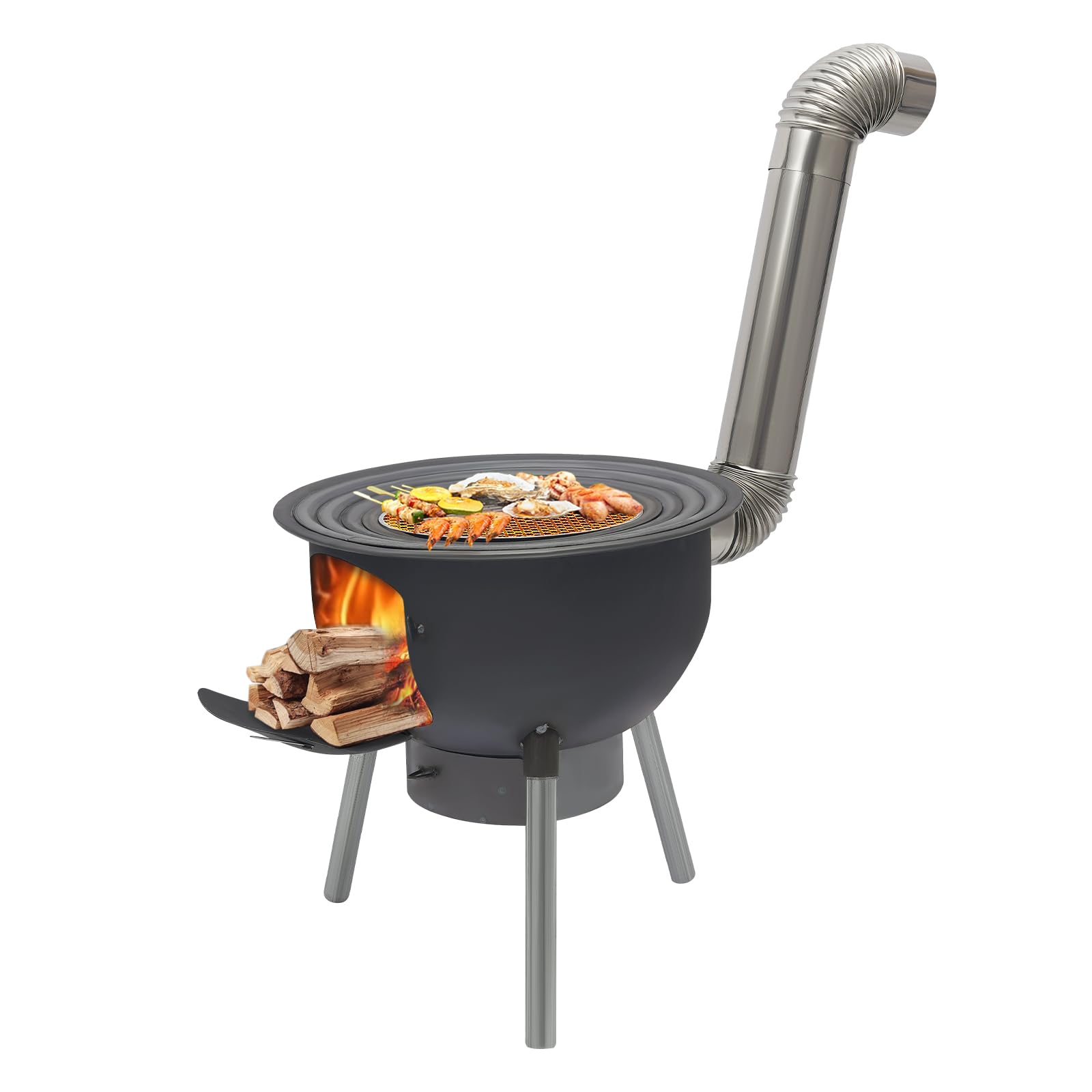 Tragbarer Holzofen mit 3/4 Kochringen & Aschekasten - Abnehmbaren Ofenbeine Robuster Stahlblech-Ofen mit Belüftung und Schornstein Holzofen für Camping, Picknick und Outdoor-Kochen (20.5zoll)