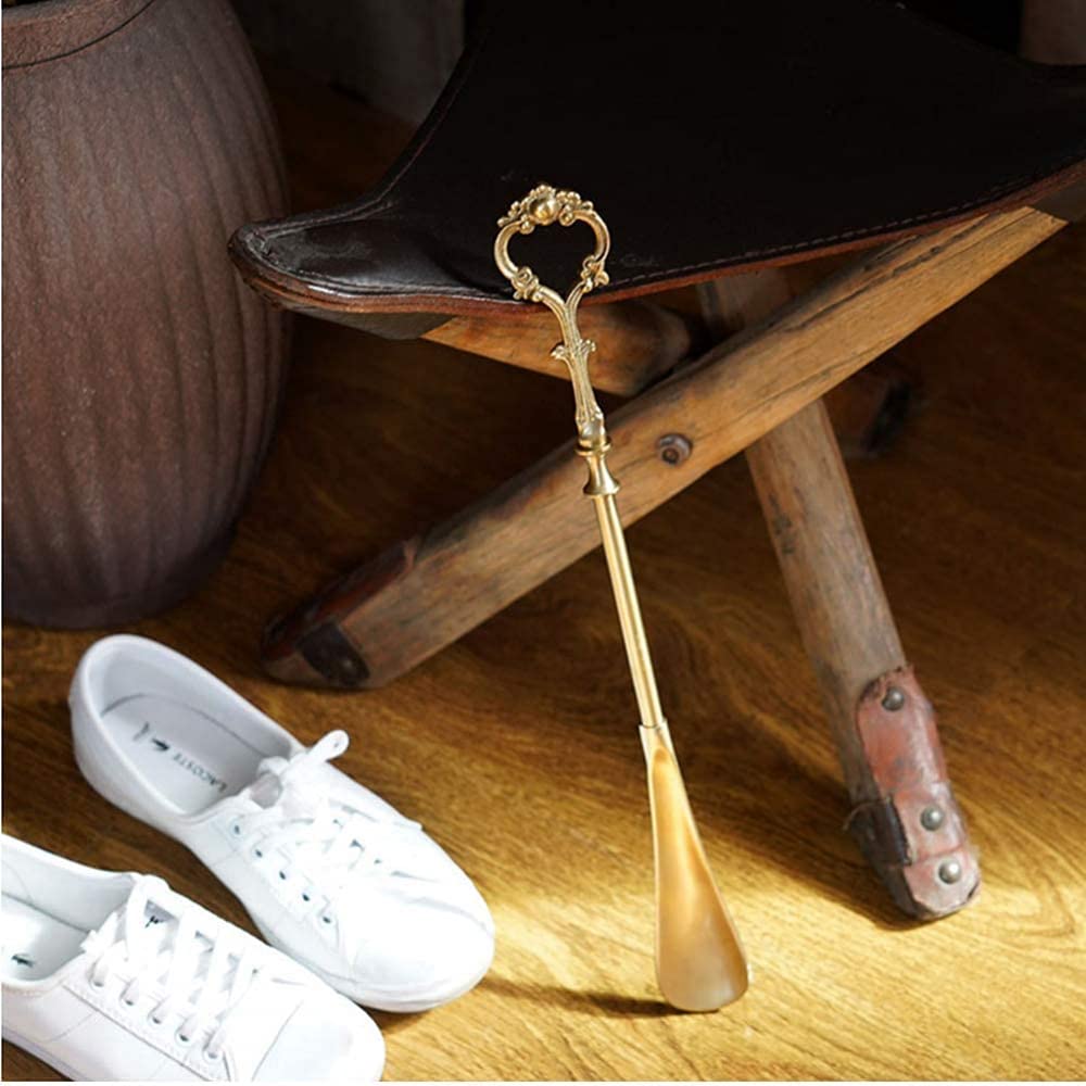 BERTY·PUYI Metall-Schuhlöffel, Langer Messing-Schuhanzieher, Designstabiler Schön Haltbarer Schuhlöffel, Langer Griff Schuhlöffel Bequemer Rutschfester Schuhlöffel Stark,Gold