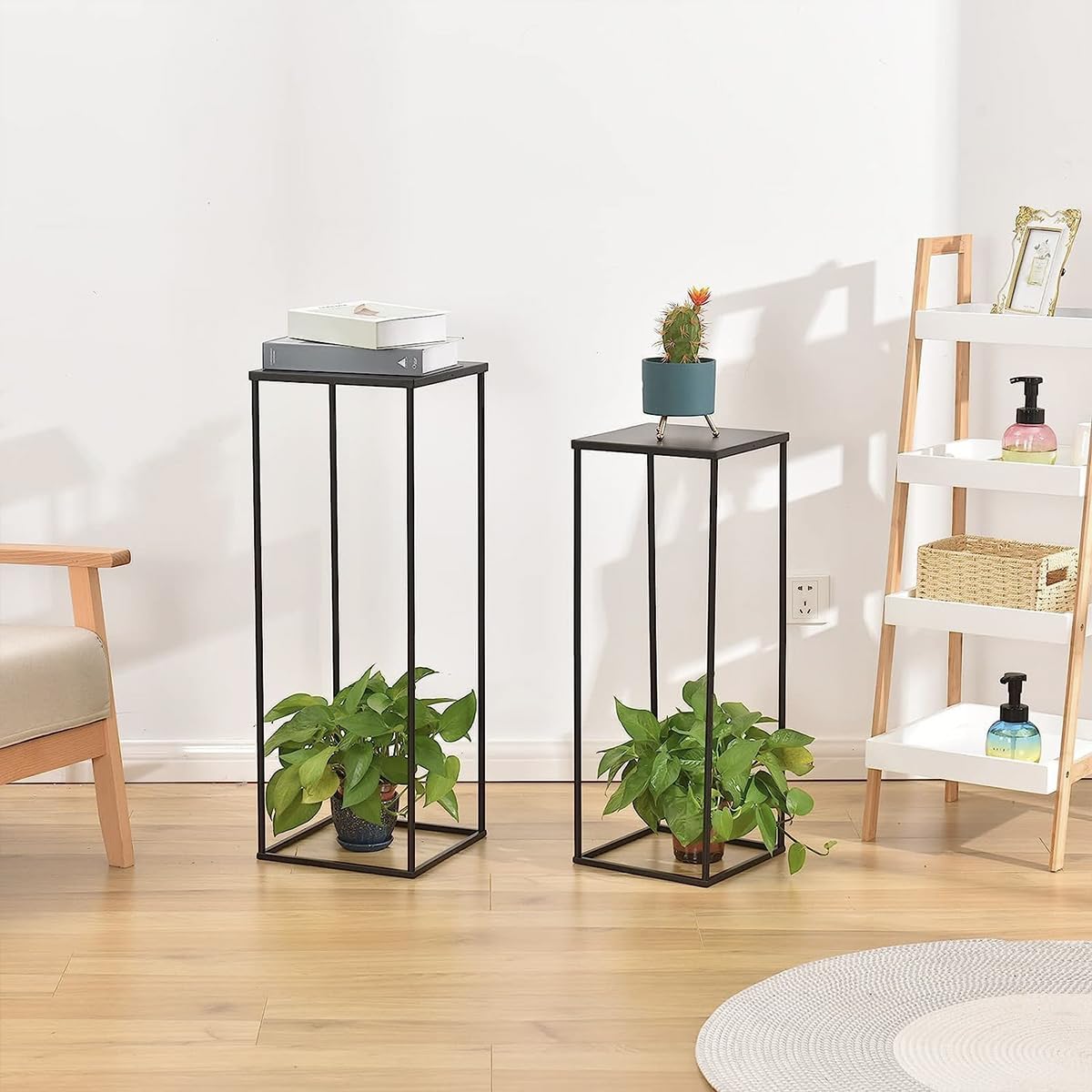 2er Set Blumenständer Metall Schwarz, Pflanzenständer 70cm / 80cm