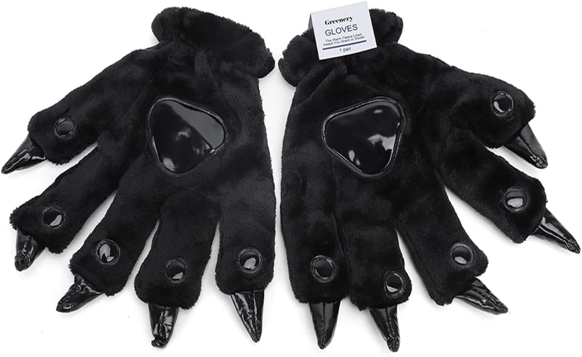 Greenery Faux Fur Animal Paw Gloves with Claws Plush Furry Gloves Hand Paw Mittens for Cosplay Halloween Party Dress Up image 2
