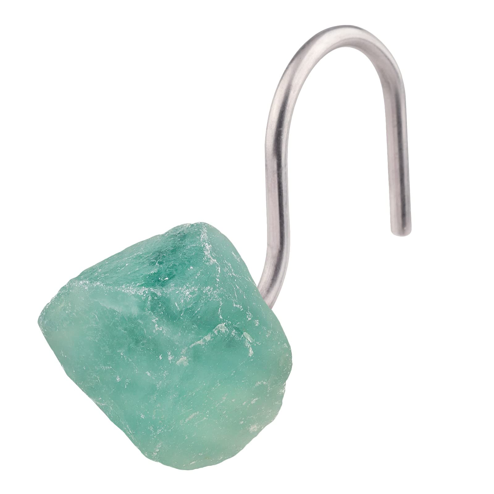 Amogeeli 4pcs Stainless Steel Shower Curtain Hooks with Raw Natural Green Fluorite, Decorative Crystal Stone Shower Curtain Hangers Set for Bathroom