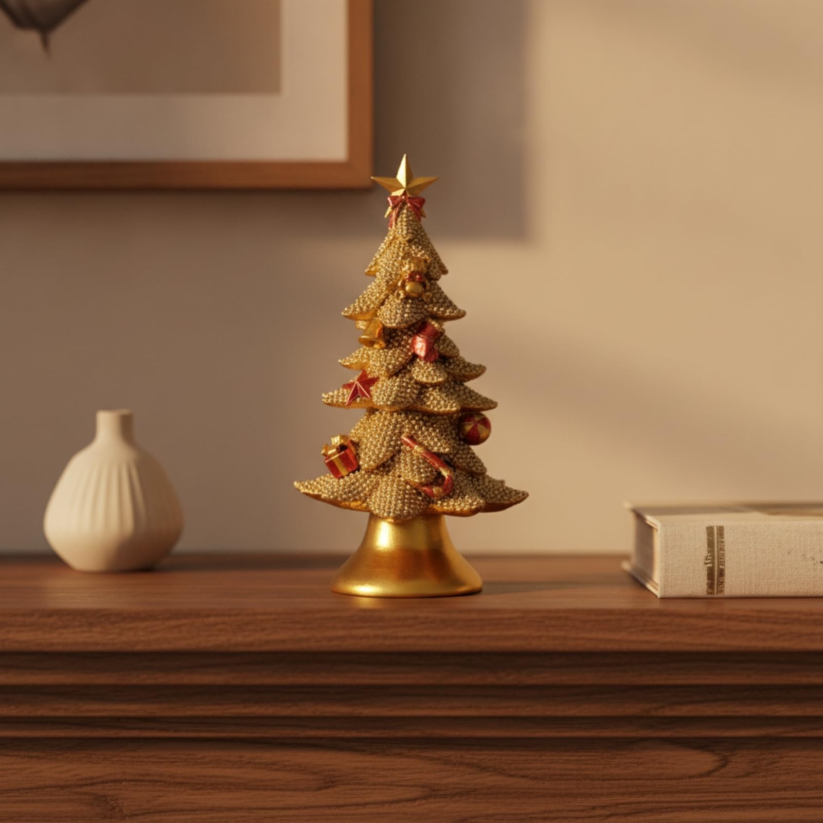 Sapin Noël en Résine Stable Sapin Miniature avec Étoile Charmant Mini Décoration Noël pour Bureau, Doré, Doré