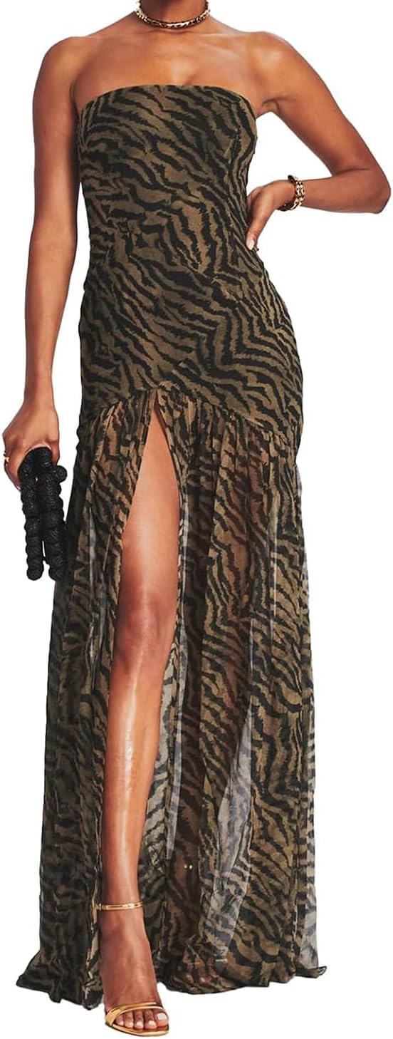 Willow Dance Women Tube Top Dress Printed Mesh Patchwork Maxi Dress Strapless Sexy High Slit Long Dresses Party Clubwear