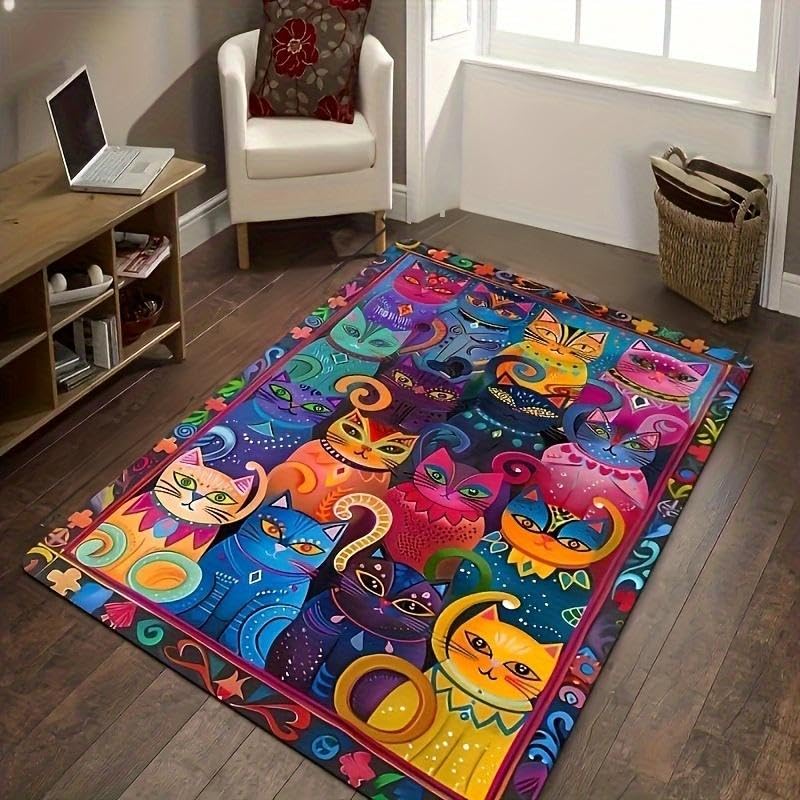 Bycmuoz Multicolor Cat Themed Bedroom Area Rug, 180x260cm, Abstract Hippie Pop Art Indoor Carpet, Soft Low Pile Easy Clean Floor Rug, Noise Reducing Stain Resistant Mat for Living Room Hallway