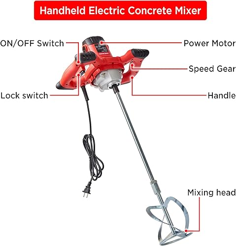 Miniatura 3 de Mezclador de hormigón eléctrico de mano de 2300 W, mezclador de cemento portátil con 6 velocidades ajustables, mezclador de lodo para mezclar barro,