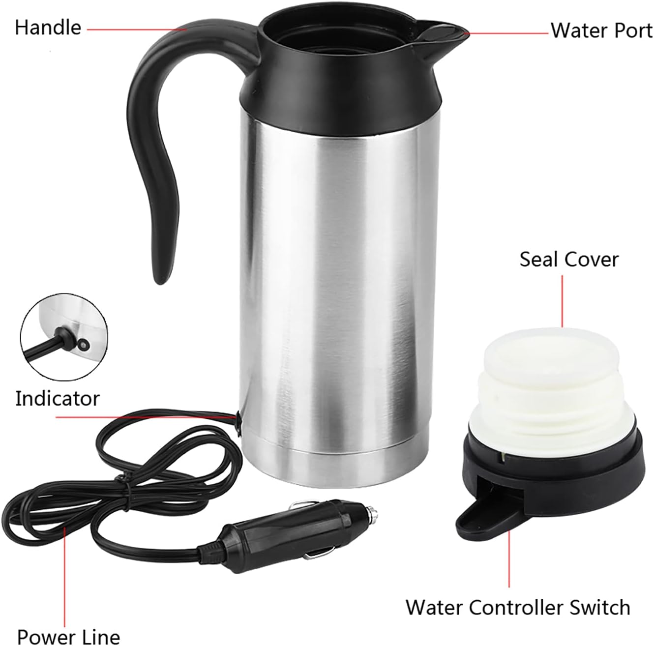 flexman 12V 750ml Car Electric Kettle Hot Water, 120W Portable Cigarette Lighter Plug Power Car Kettle Boiler with 95cm Power Cord for Most Car Cup Holders, Great for Travel Use