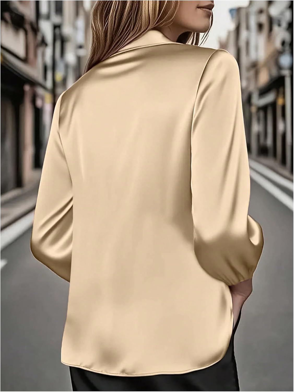Women's Dressy Satin Drape Collar T Shirt Long Sleeve Elegant Tops Fall Outfits - Image 2