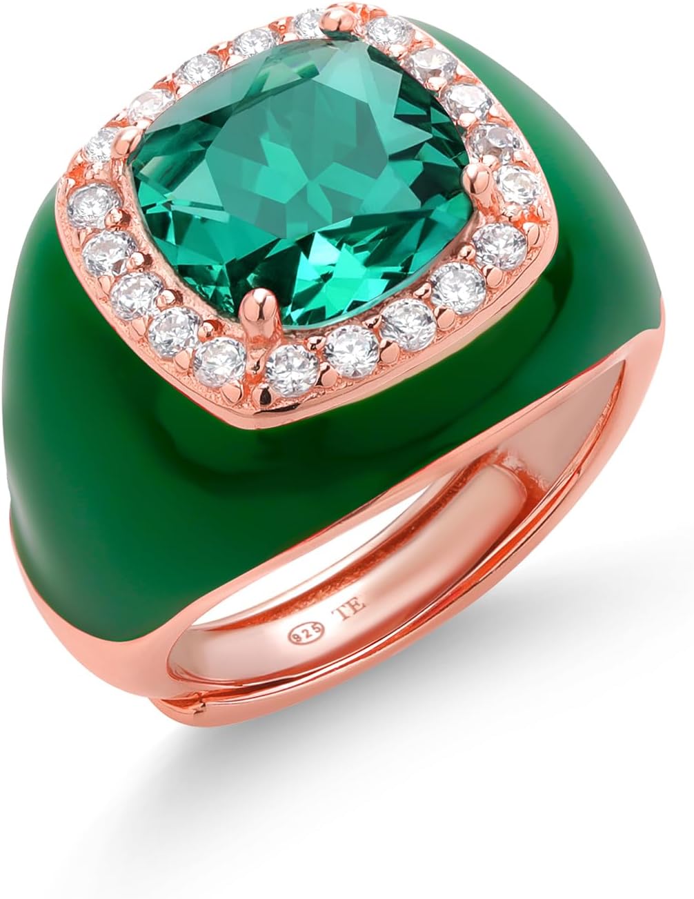 Gem Stone King Made In Italy 18K Rose Gold Plated Silver 10MM Simulated Emerald and White Cubic Zirconia Green Enamel Adjustable Expandable Ring For Women