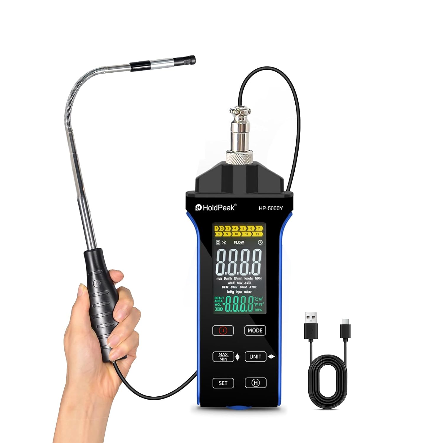 HOLDPEAK Professional Hot-Wire Anemometer, High-Precision Digital CFM/CMM Air Velocity Meter Wind Speed Gauge, HVAC Wind Temperature Tester with Telescopic Probe, Backlit LCD, USB Data Export