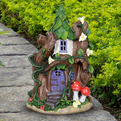 Exhart Fairy House With Red Mushroom - Solar Garden Statue For A Miniature Fairy Garden - Weather Resistant, Durable Resin Statue & Solar Garden Lights 7.48" L X 7.87" W X 11.81" H #TOP2