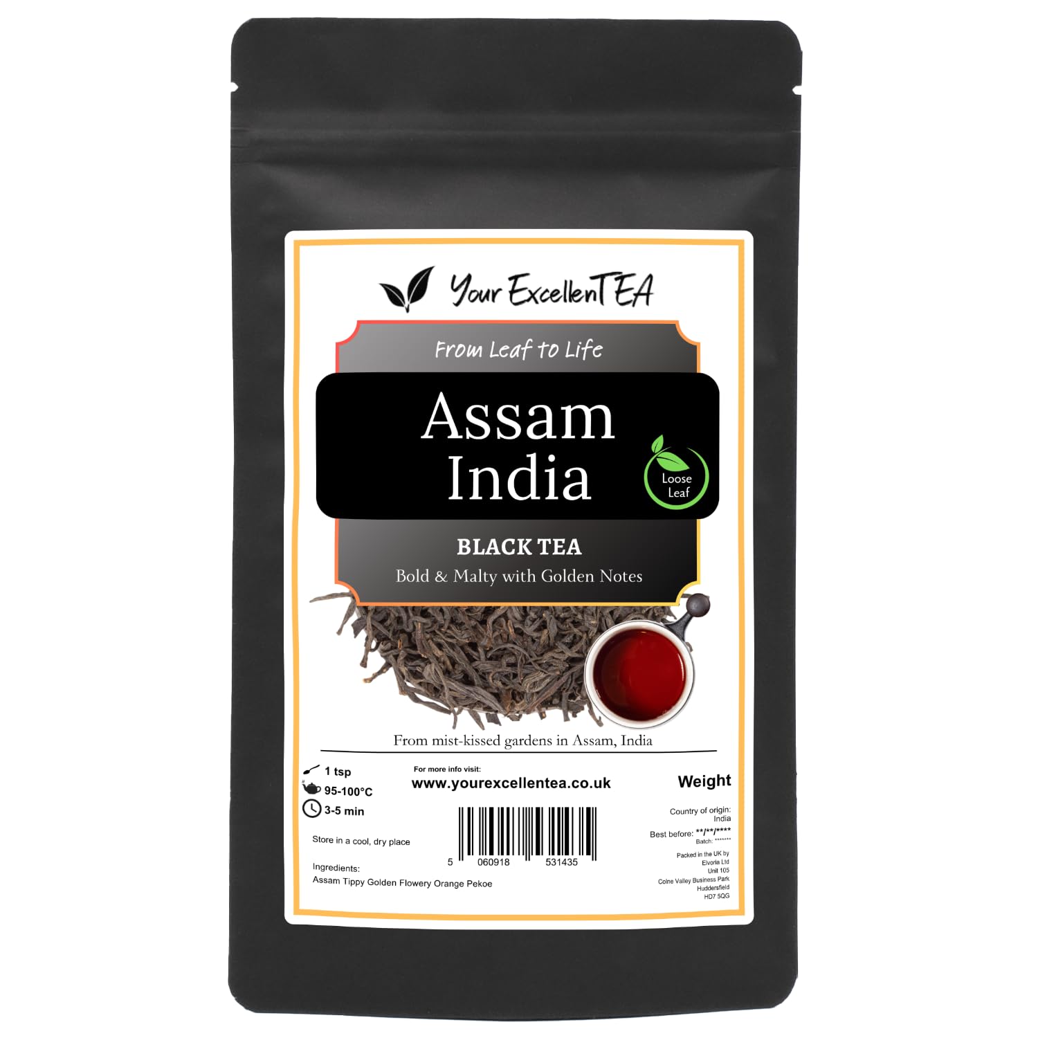 Assam India Tea Loose Leaf Black Tea (100g) Tippy Golden Flowery Orange Pekoe Pure Natural Dried Leaves Full-Bodied Aromatic Perfect for a Morning Relaxation Hot Iced or Cold Brew, Resealable Pouch