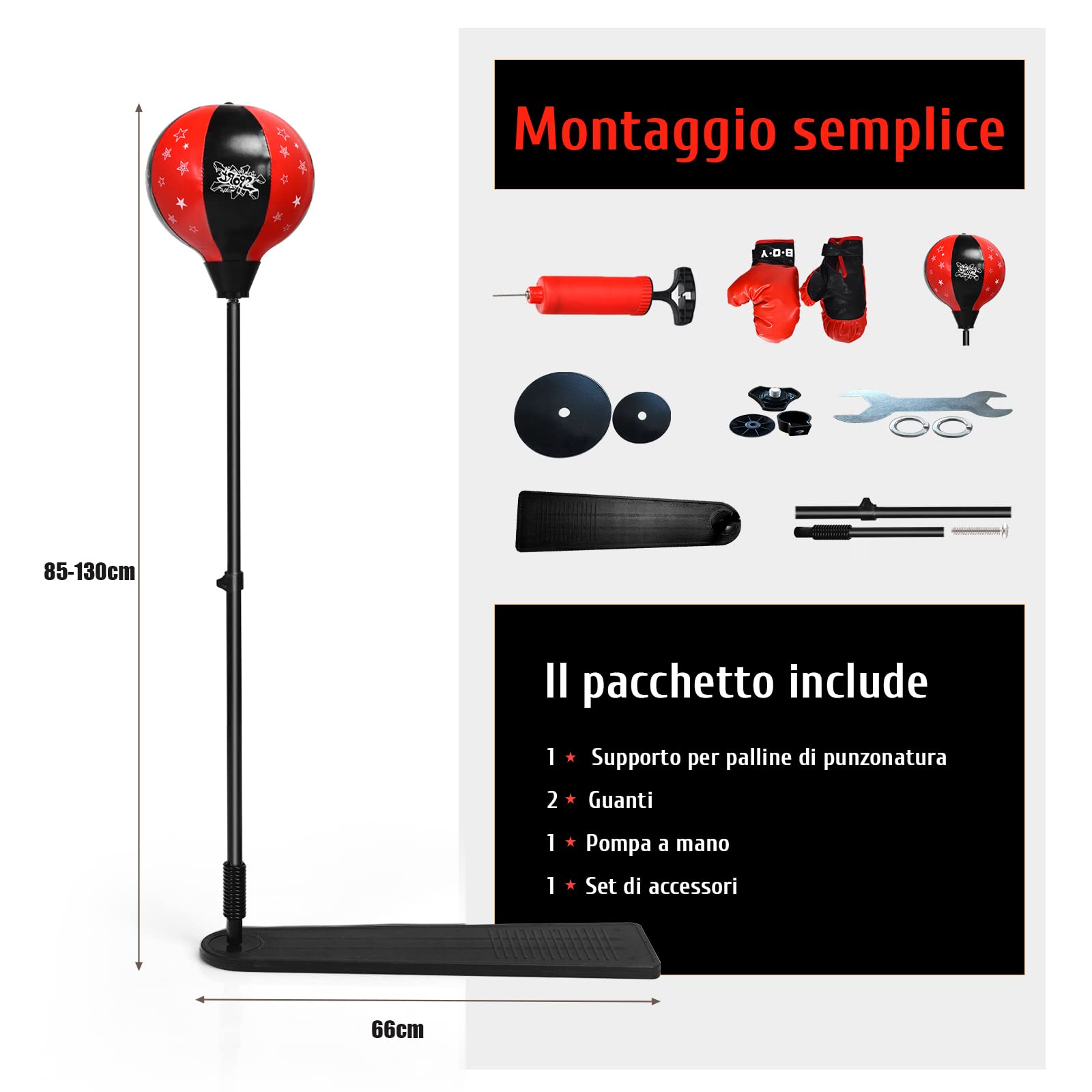 COSTWAY Punching Ball per Bambini e Adulti, Pungiball con Guanti e Pompa Manuale, Sacco da Boxe da Terra Altezza Regolabile 85-130cm
