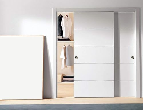 Miniatura 2 de Puertas correderas blancas de 48 x 80 pulgadas con herrajes  Planum 0020 blanco mate  Juego de perchas de acero para rieles  Armario puertas