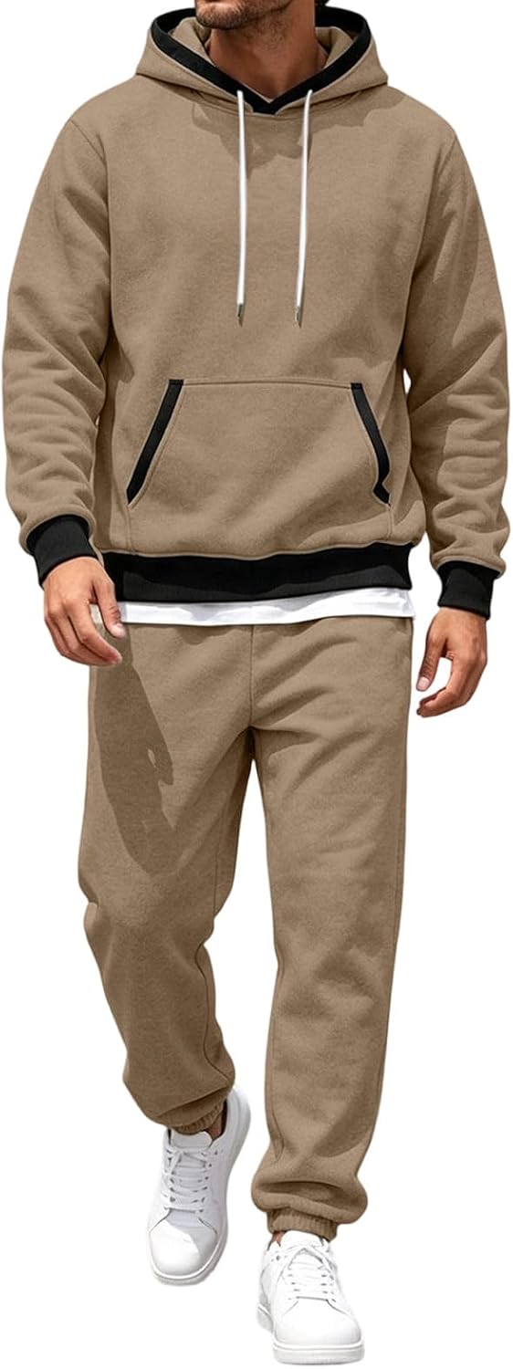 Men's Layered Contrast Hoodie Joggers Set 2 Piece Casual Suit