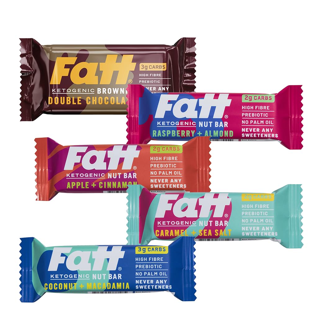 NEW SELECTION - Fatt Keto Snack Bars Variety Pack - 5 Products - 5 Flavours - 2-4g Carbs - 100% Natural Snacks - Low Carb, Low Sugar, High Prebiotic Fibre, Sweetener Free - FattBar