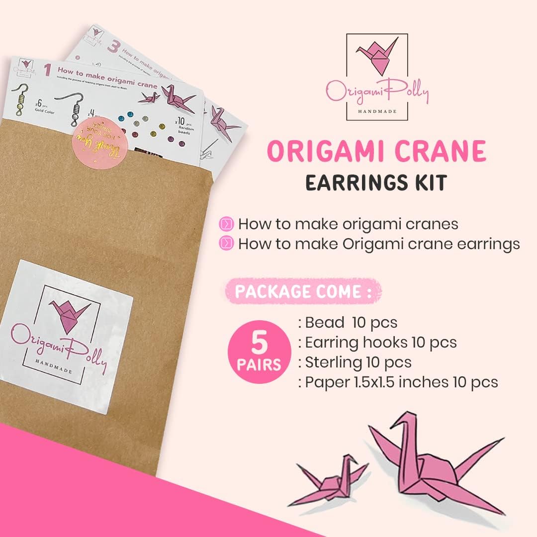 Origami Crane Earrings Kit - Handmade Paper Crane Earrings Set, 10 Pieces Washi Paper, Random Patterns, Beads, Hooks, All Accessories Included - Women's Jewelry
