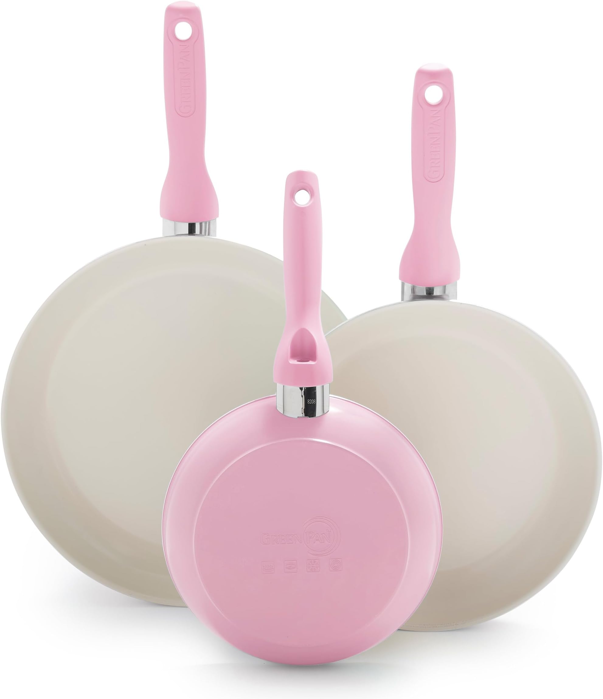 GreenPan Rio Hard Anodized Healthy Ceramic Nonstick, 7" 9.5" and 11" 3 Piece Frying Pan Skillet Set, Soft Grip Handle, PFAS-Free, Dishwasher Safe, Oven Safe, Pink