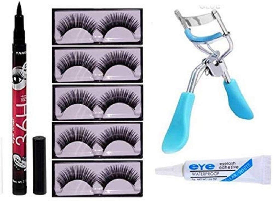 Angelie 5 Pairs Eyelashes, Eyelash Glue, Eyelash Curler with 36 Hrs Eyeliner