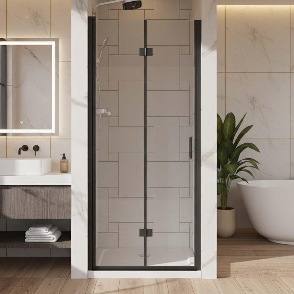 32" Semi-Frameless Bi-Folding Shower Door,Swing & Hinged Tempered Glass Pivoting Shower Cubicle for Bathroom,Black