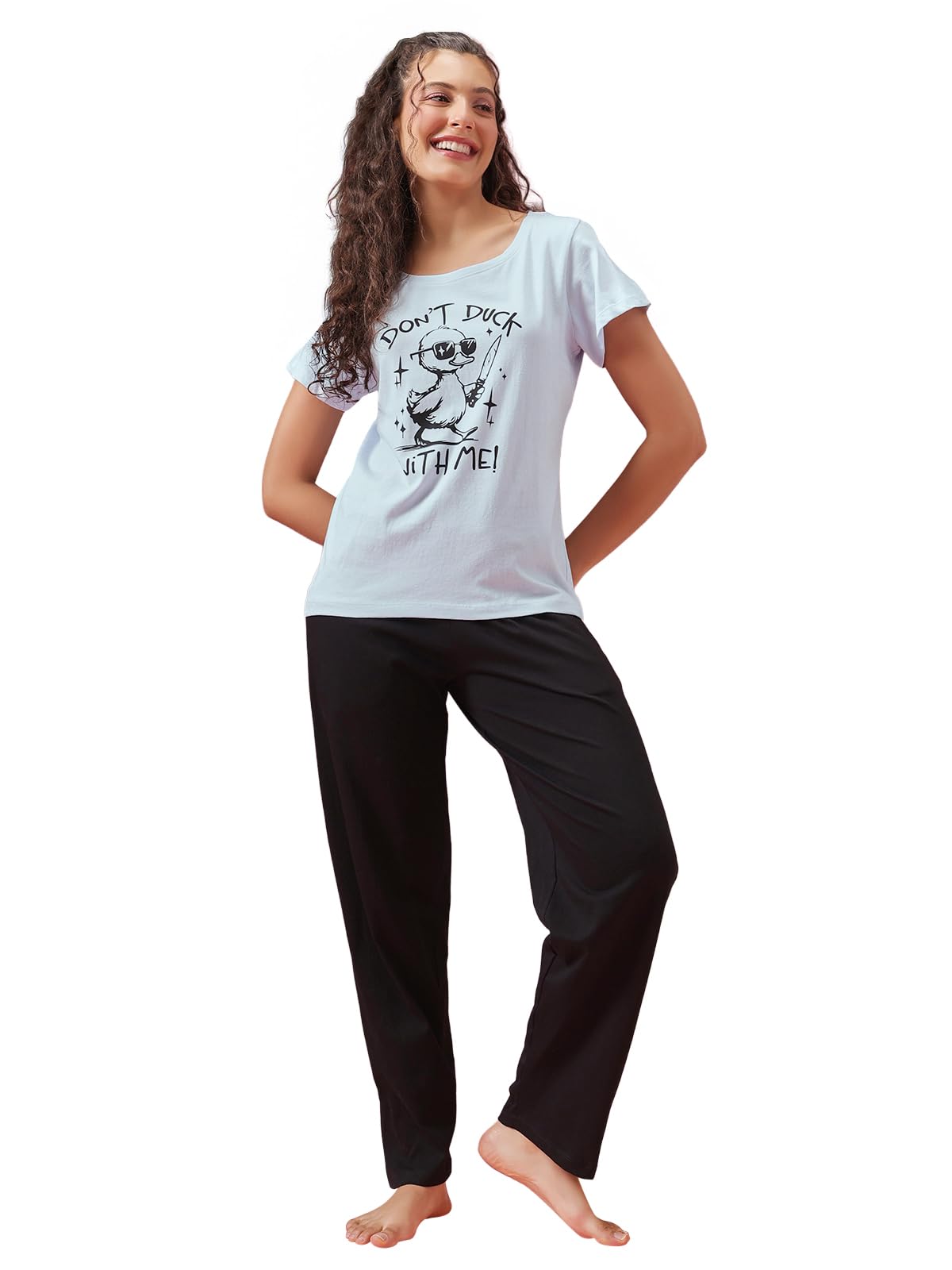 Women's Cotton Graphic Print Top & Pyjama Set in White-image-31