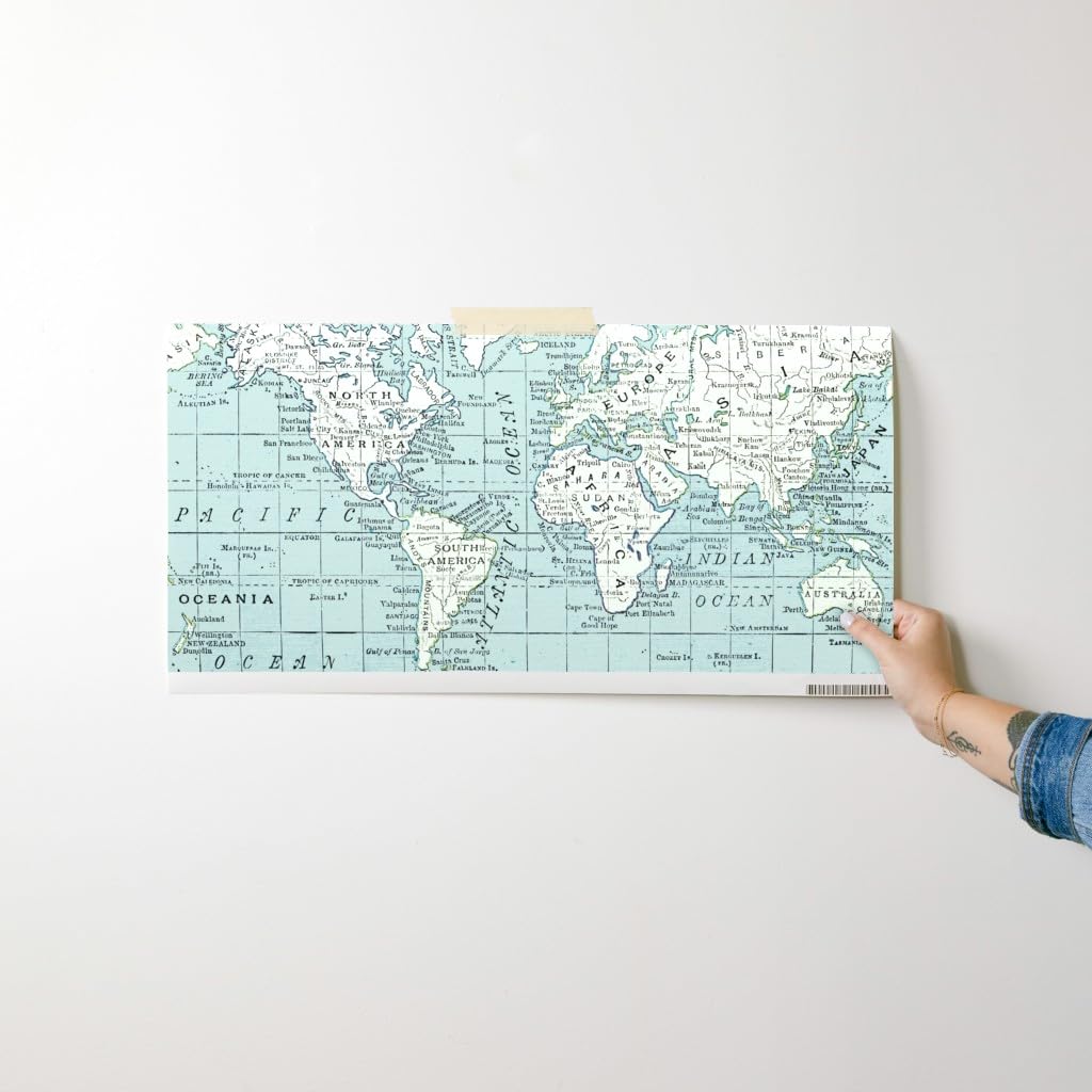 Peel & Stick Wallpaper Swatch - Soft Blue Cream World Map Vintage Gray White Cheater Quilt Geography Travel Baby Boy Room Custom Removable Wallpaper by Spoonflower