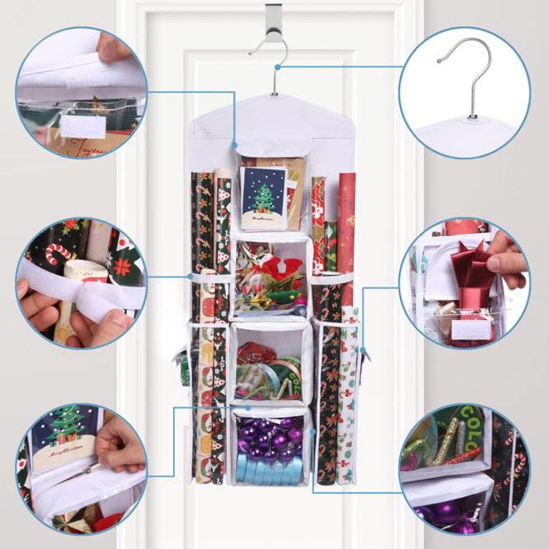 Christmas Wrapping Paper Organizer 37.40x5.51 Inch, Large Capacity Wall Hanging, Double Sided Clear with 10 Pockets, Wrapping Paper Organizer