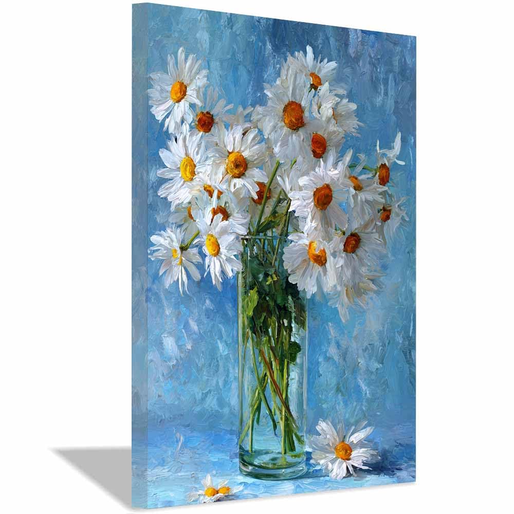 WUFIEA Semplice arte botanica Stampe su Canvas margherita per Camera da Letto Agriturismo Soggiorno Bagno(Rosso bianco)-60x90cm Incorniciato