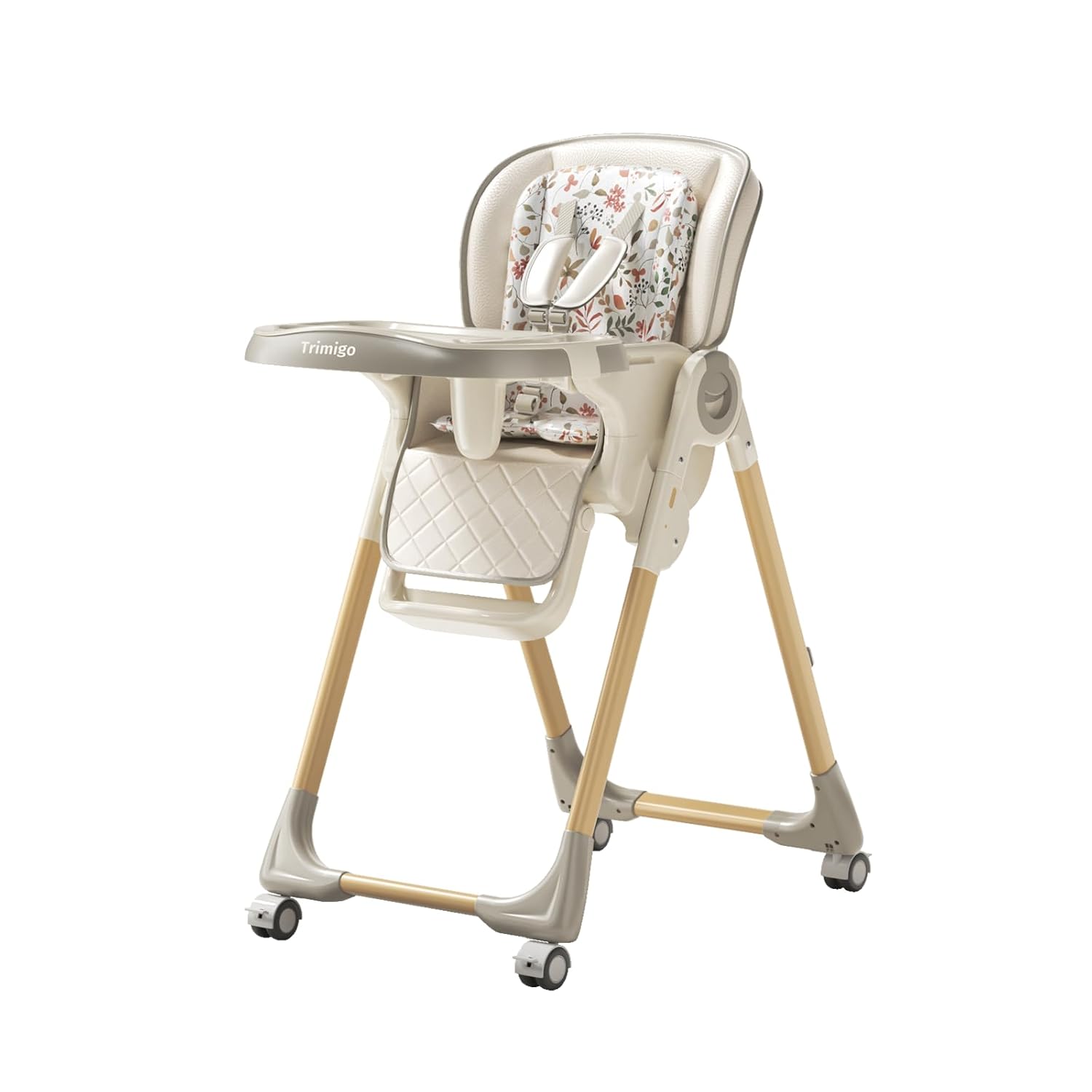 “Trimigo High Chairs for Babies and Toddlers 0–3”“7 Height Positions, 3-Position Tray, 4 Recline Positions, Adjustable Footrest, Removable Dual-Layer Tray, Leather Seat, Lockable Wheels” (Khaki)
