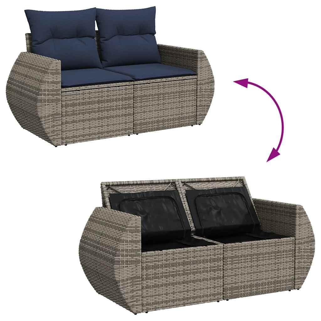 Set Divano da Giardino 6 Pezzi in Polyrattan Grigio con Tavolo | Salotto componibile da esterno per terrazzo con tavolino sollevabile e cuscini blu marino per momenti di relax in famiglia.