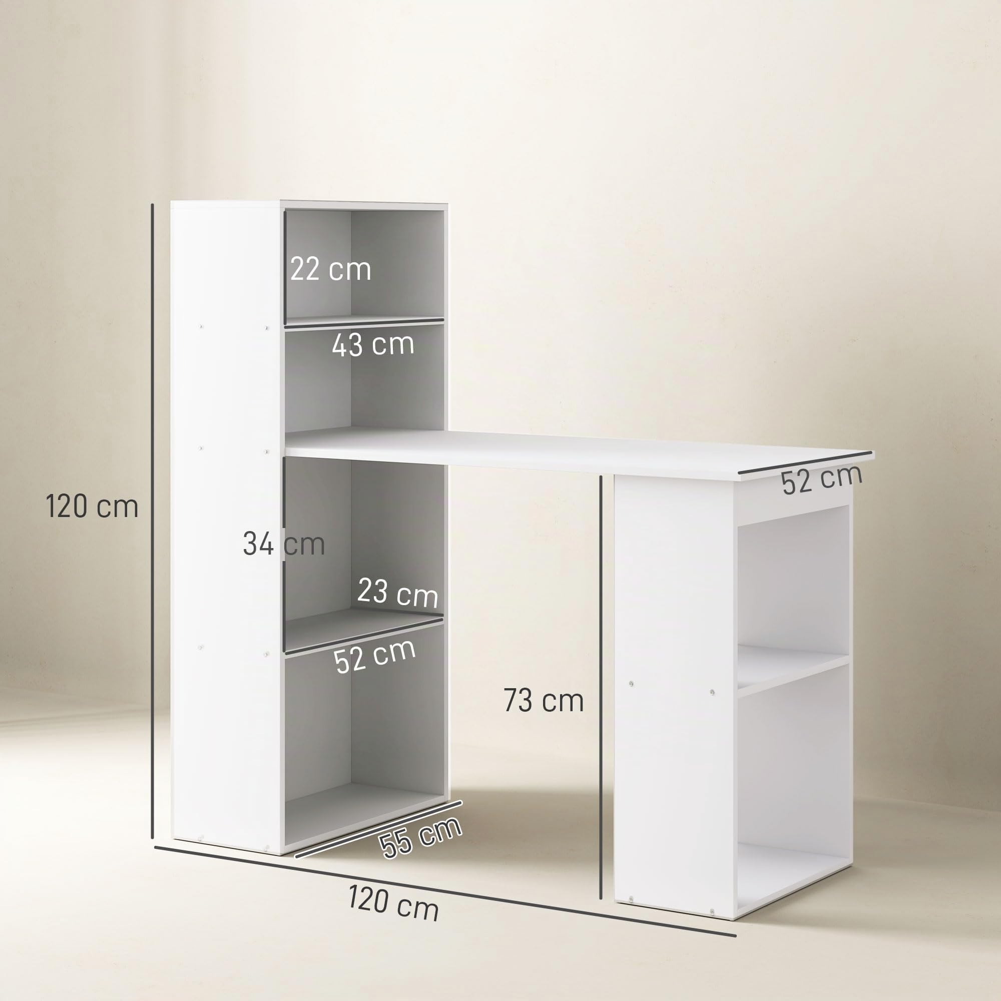 HOMCOM Schreibtisch mit Regal Computertisch 120 x 55 x 120 cm Weiß