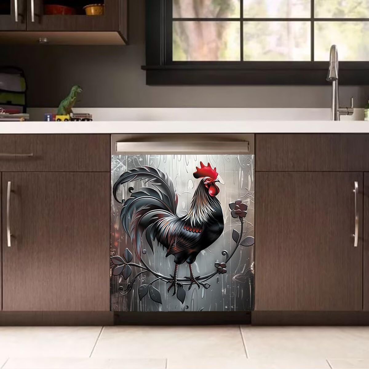 Silver Brushed Stainless Steel Dishwasher Magnet Cover,Metal Rooster Dishwasher Cover for Front Panel,Farm Chicken Sticker Dishwasher Decal Refrigerator Magnetic Skins Cover, 23"x26"