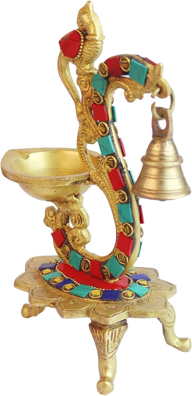 Kartique Brass Oil Lamp Diya with Parrot Sitting on Top Deepam for Temple Home Decor Pooja Can be Used as Camphor Kapur Burner Antique Gold Color