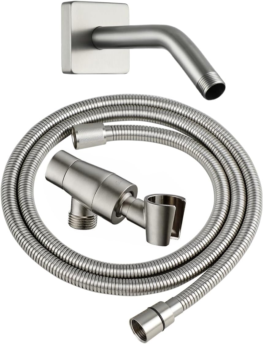 G-Promise All Metal Shower Head Holder with 71" Stainless Steel Hose and 6" Shower Arm with Flange, Solid Brass Adjustable Arm Mount, Wall Mount Handheld Shower Head Replacement